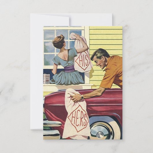 彼のおもしろいのレトロ及び彼女の物カップルのシャワーの招待状 招待状 (正面)