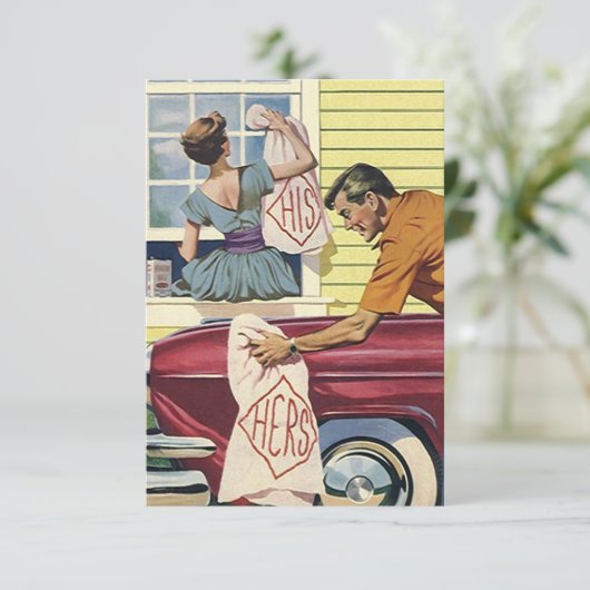 彼のおもしろいのレトロ及び彼女の物カップルのシャワーの招待状 招待状 (スタンド正面)