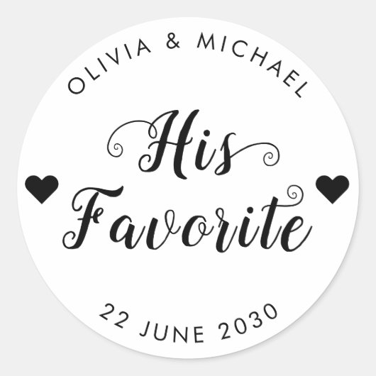 彼のお気に入りの新郎ラベルウェディングパーティーの好意バッグ ラウンドシール (正面)