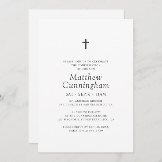 彼のためにシンプルブラッククロスミニマリスト確認 招待状 (正面/裏面)