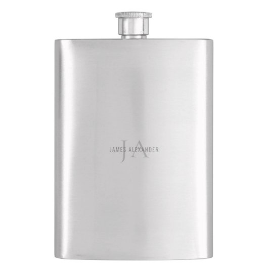 彼のためのグレーモノグラム名前をカスタムするウォーターボトル フラスク (正面)