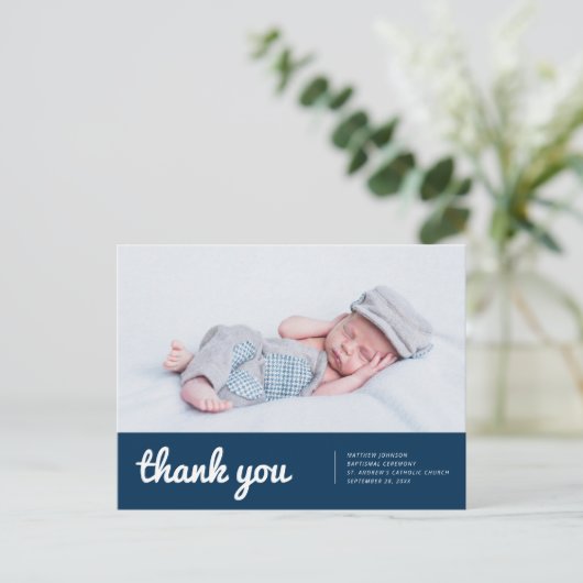 彼のためのバプテスマモダンスとシンプル写真感謝 ポストカード (スタンド正面)