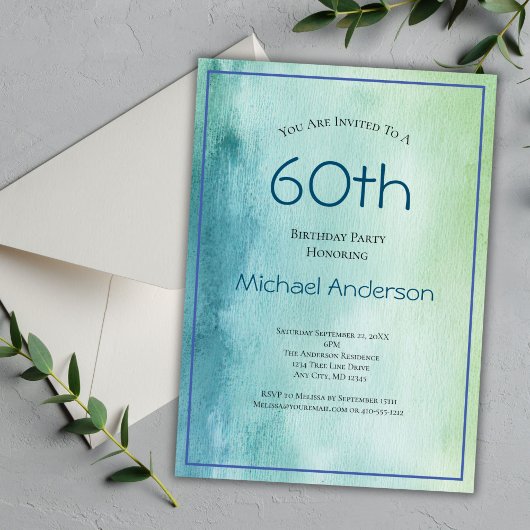 彼のためのブルーグリーン水彩60歳の誕生日 招待状