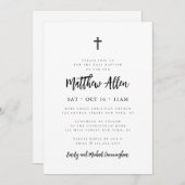 彼のためのミニマルモダン主義クロスの洗礼 招待状 (正面/裏面)