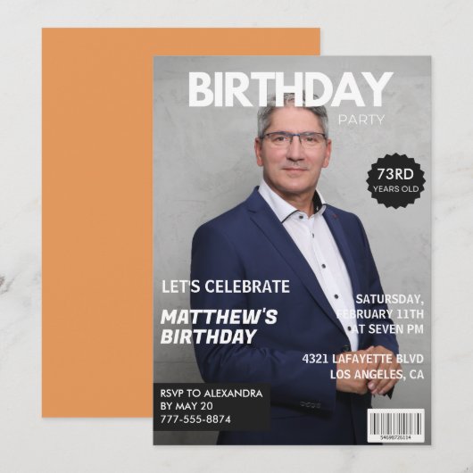彼のためのモダンな雑誌風の表紙　73歳の誕生日写真 招待状 (正面/裏面)