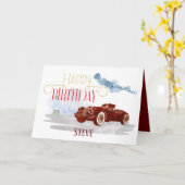 彼のためのヴィンテージ車のハッピーバースデーのタイポグラフィ カード (黄色い花)