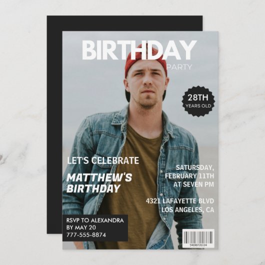 彼のための写真28歳の誕生日招待状誌 招待状 (正面/裏面)