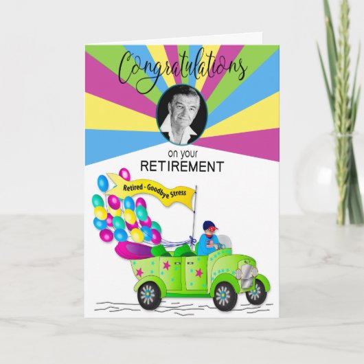 彼のための引退おめでとう写真レトロ車 カード (正面)
