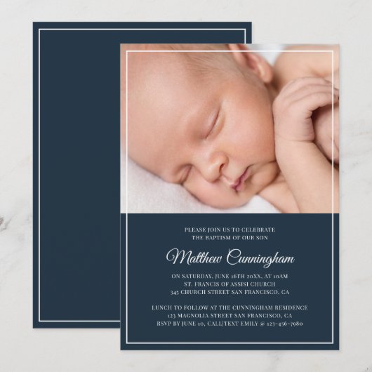 彼のための洗礼 | モダン シンプル フレーム 招待状 (正面/裏面)