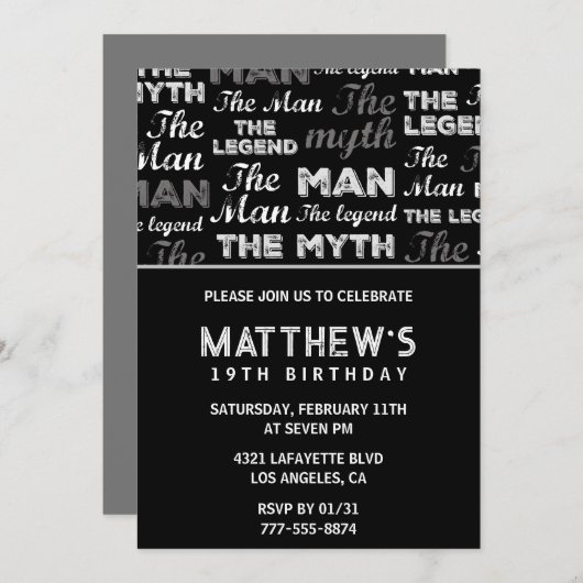 彼のための黒い19歳の誕生日の招待状Myth Legend 招待状 (正面/裏面)