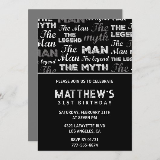 彼のための黒い31歳の誕生日の招待状Myth Legend 招待状 (正面/裏面)