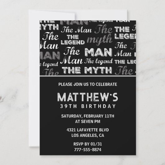 彼のための黒い39歳の誕生日の招待状Myth Legend 招待状 (正面)
