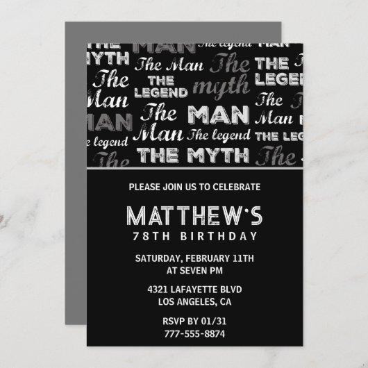 彼のための黒い78歳の誕生日の招待状Myth Legend 招待状 (正面/裏面)