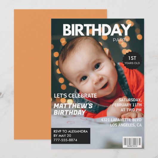 彼のための1歳の誕生日招待状 雑誌の表紙 招待状 (正面/裏面)
