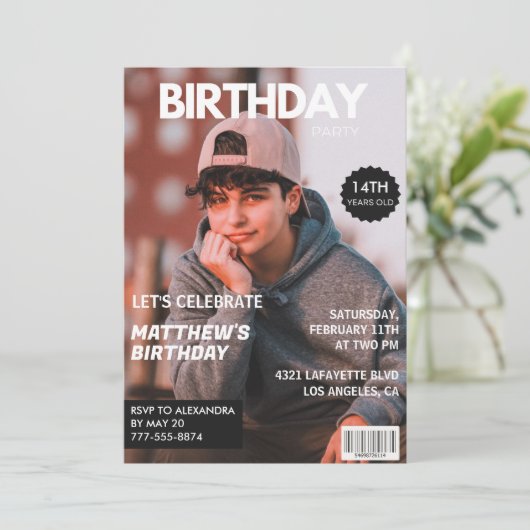 彼のための14歳の誕生日の招待状マガジンカバー 招待状 (スタンド正面)