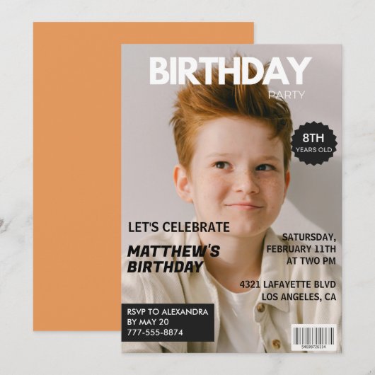 彼のための8歳の誕生日招待状雑誌の表紙 招待状 (正面/裏面)
