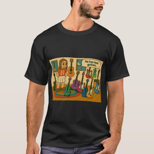 彼のコレクションはクールなギターばかり Tシャツ (正面)
