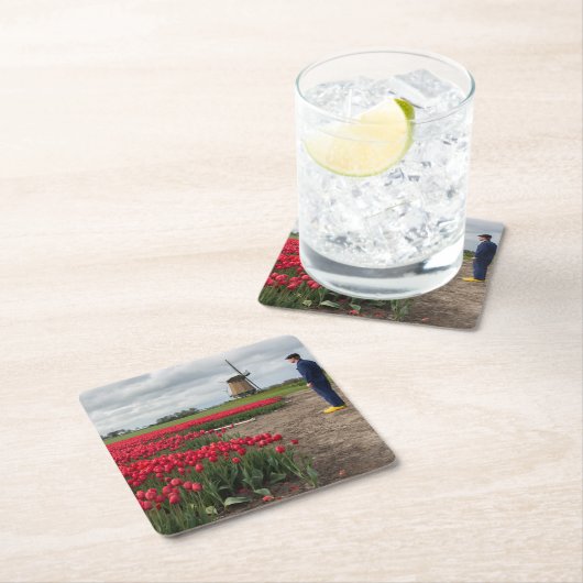 彼のチューリップおよび風車を点検している農家 スクエアペーパーコースター (インサイチュ)