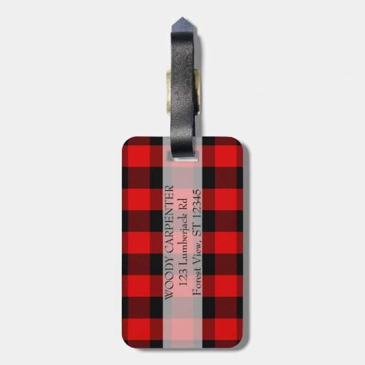 彼のパーソナライズで素朴なアメリカヘラジカの赤いバッファローの格子縞 ラゲッジタグ (裏面縦)