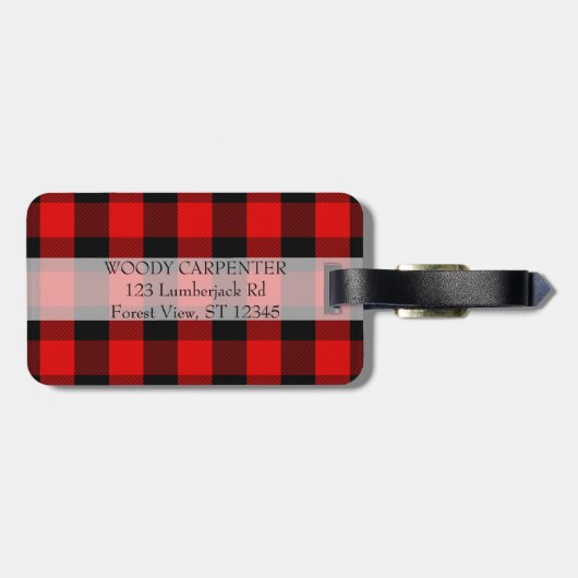 彼のパーソナライズで素朴なアメリカヘラジカの赤いバッファローの格子縞 ラゲッジタグ (裏面横)