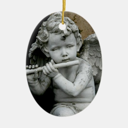 彼のフルートを演奏している楕円形のオーナメントの天使 セラミックオーナメント (正面)