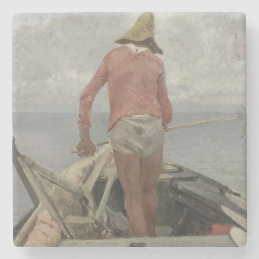 彼のボートの漁師（Vincenzo Caprile著） ストーンコースター (正面)