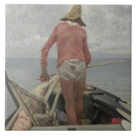彼のボートの漁師（Vincenzo Caprile著） タイル