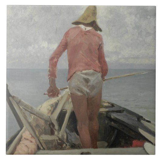 彼のボートの漁師（Vincenzo Caprile著） タイル (正面)