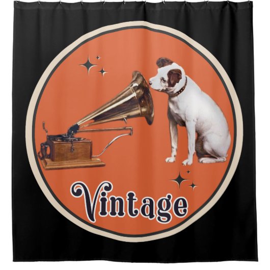 彼のマスターの声ヴィンテージオレンジ シャワーカーテン (正面)