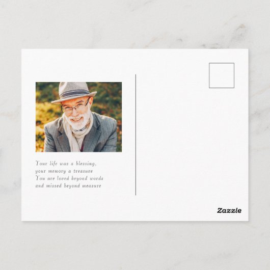 彼の人生を祝う 現代的 シンプル ミニマル フォト ポストカード (裏面)