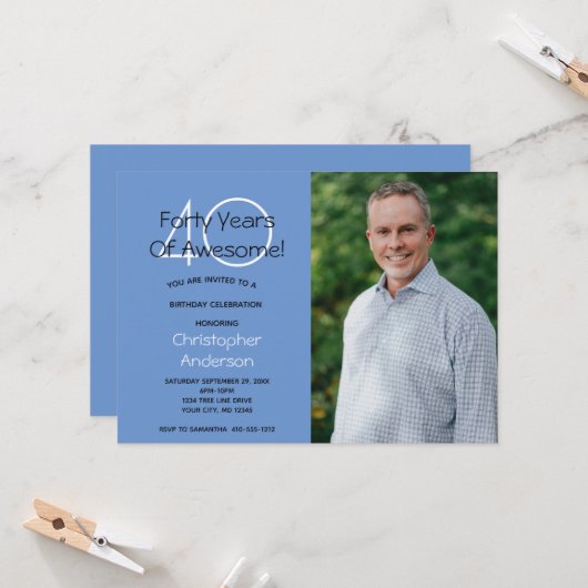 彼の写真を使った40歳の誕生日パーティー招待状 招待状 (正面/裏面インサイチュ)