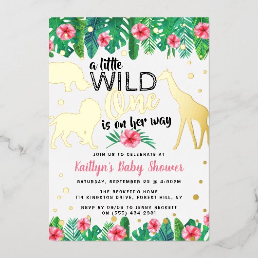 彼の女の子の赤ちゃんシャワーに向かっている小さな野生の人 箔招待状 (正面)
