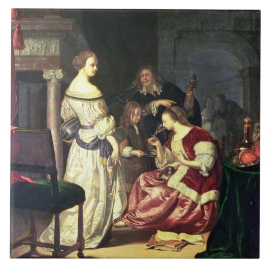 彼の家族1675年を持つペインター(パネルの油) タイル (正面)