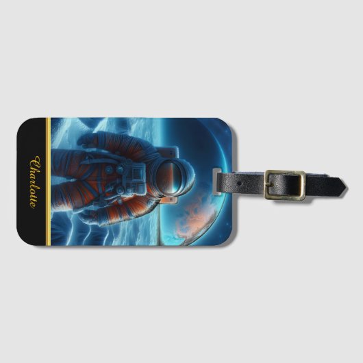 彼の後ろの宇宙スーツの地球の宇宙飛行士 ラゲッジタグ (正面横)