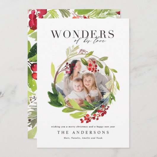 彼の愛の水彩画の冬のリースの驚異 サンキューカード (正面/裏面)