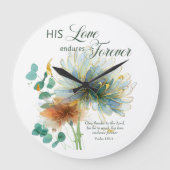 彼の愛は永遠に耐える詩編136フローラ白 ラージ壁時計 (正面)