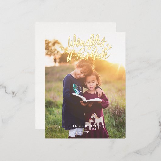 彼の愛疑問に思のスクリプトのクリスマス写真デザイン 箔シーズンポストカード (正面/裏面)