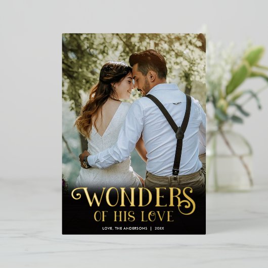 彼の愛疑問に思のブラックの金ゴールドの新しいクリスマス 箔シーズンカード (立ち正面)