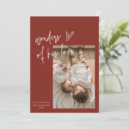 彼の愛疑問に思の一つの写真の宗教的なクリスマス シーズンカード (スタンド正面)