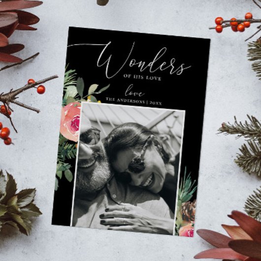 彼の愛疑問に思の | ブラックフローラクリスマスフォト シーズンカード