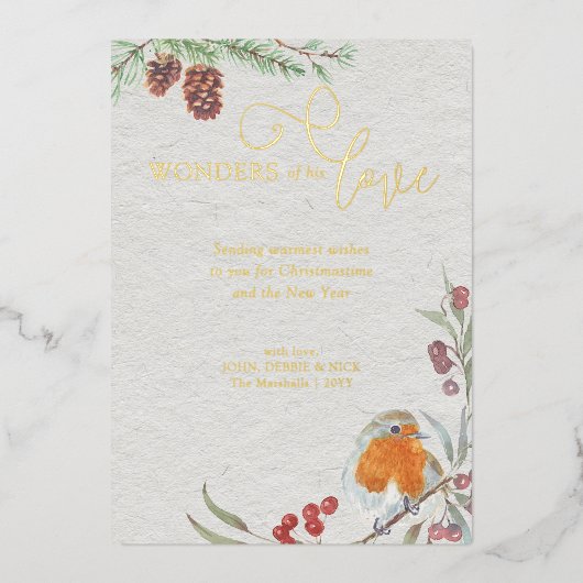 彼の愛疑問に思クリスマス・ロビンとパイン・金ゴールド 箔シーズンカード (正面)