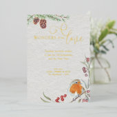 彼の愛疑問に思クリスマス・ロビンとパイン・金ゴールド 箔シーズンカード (立ち正面)