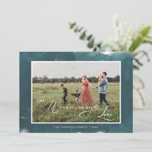 彼の愛疑問に思写真のティール(緑がかった色)クリスマス シーズンカード (スタンド正面)