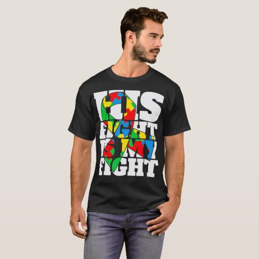 彼の戦いは私の自閉症に対する認識と支援との戦い Tシャツ (正面フル)