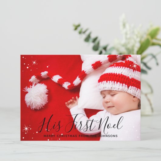 彼の最初のノエルベビーの初めてのクリスマス写真 シーズンカード (スタンド正面)