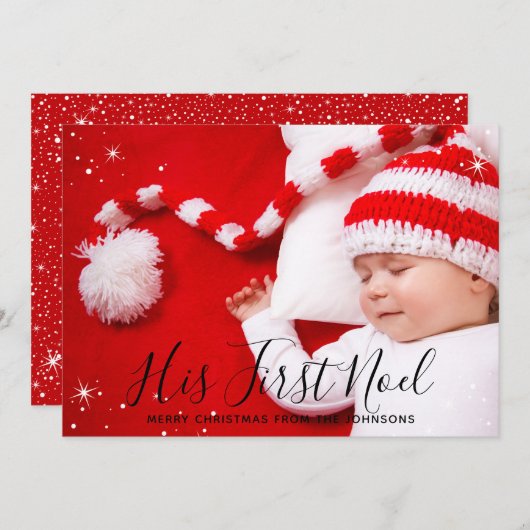 彼の最初のノエルベビーの初めてのクリスマス写真 シーズンカード (正面/裏面)