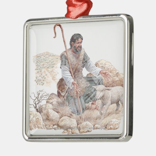 彼の無くなったヒツジを見つけている羊飼いのイラストレーション メタルオーナメント (左)