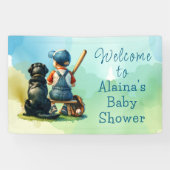 彼の犬と共に小槌を打つ | 少年の赤ちゃんシャワー 横断幕 (横)