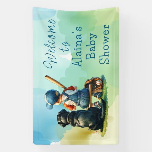 彼の犬と共に小槌を打つ | 少年の赤ちゃんシャワー 横断幕 (縦)