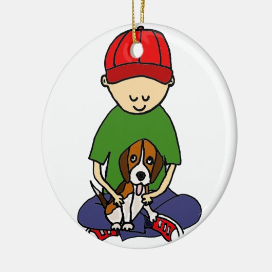 彼の犬の漫画を持つかわいくおもしろいな男の子 セラミックオーナメント (左)